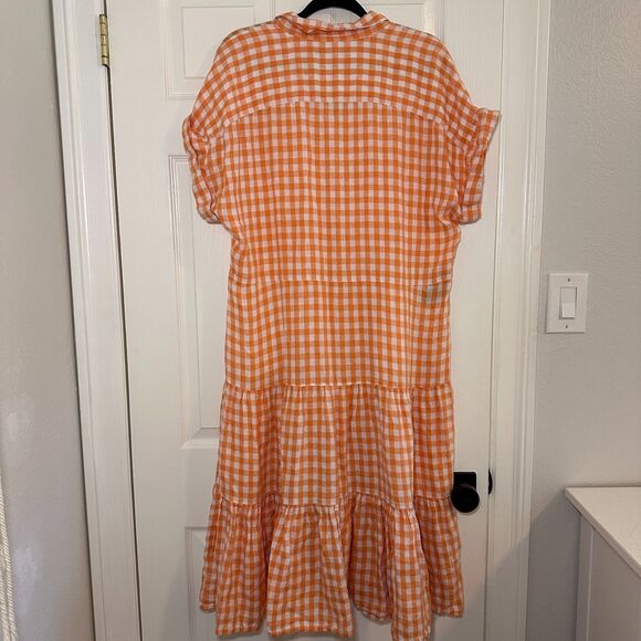 Lauren Ralph Lauren Dress Size 12 Vilma Gingham Linen Shirt Midi Orange White - Picture 5 of 8